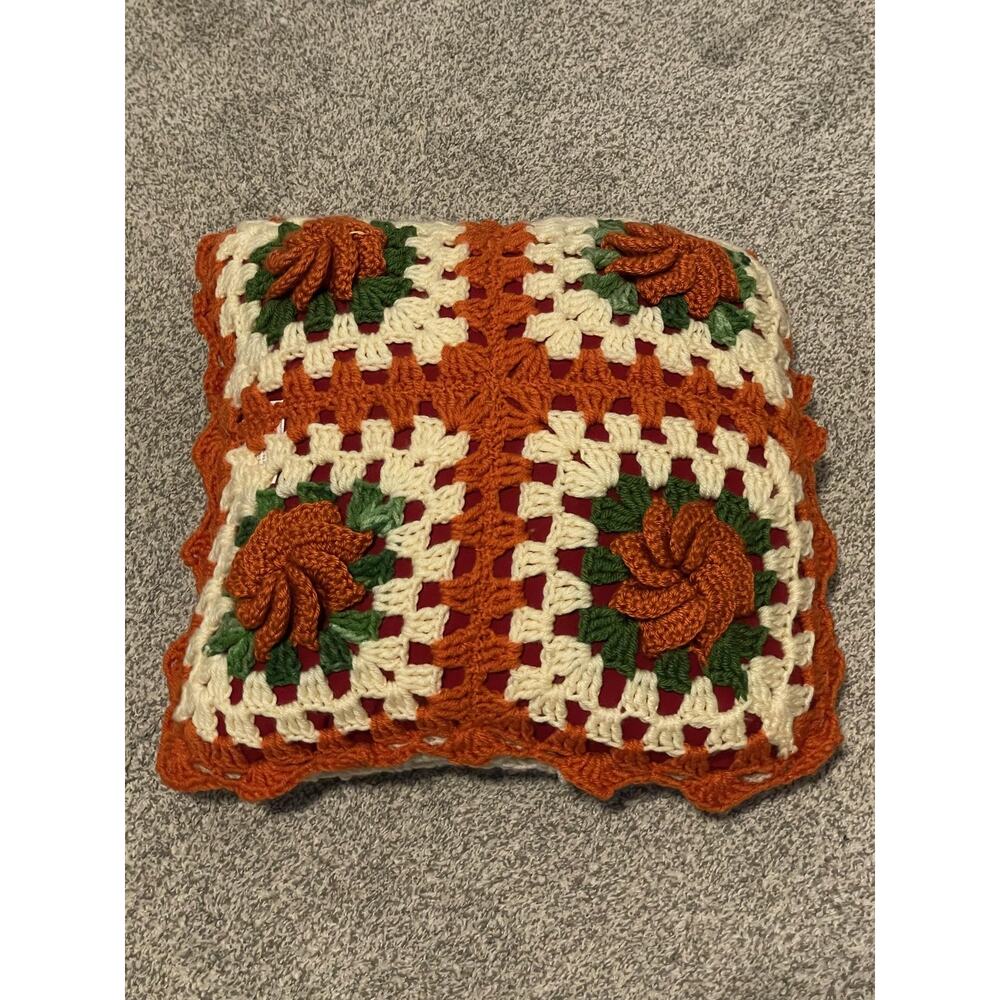 Vintage Handmade Crochet Throw Pillow Accent 3D Floral Granny Square 15x15 Boho